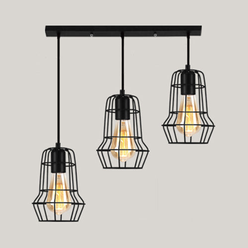 Vintage Industrial Caged Pendant Lighting - 3-Head Metallic Ceiling Light - Black