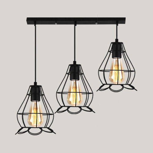 Vintage Industrial Caged Pendant Lighting - 3-Head Metallic Ceiling Light - Black