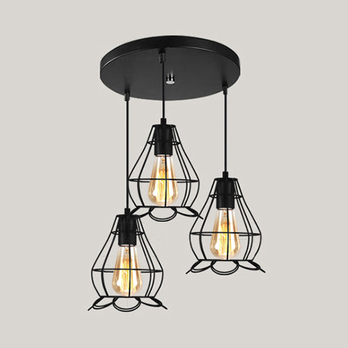 Vintage Industrial Caged Pendant Lighting - 3-Head Metallic Ceiling Light - Black