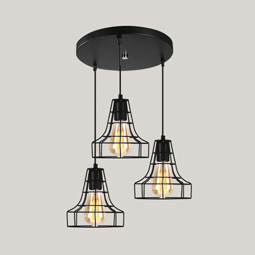 Vintage Industrial Caged Pendant Lighting - 3-Head Metallic Ceiling Light - Black