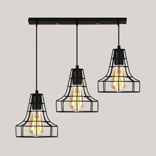 Vintage Industrial Caged Pendant Lighting - 3-Head Metallic Ceiling Light - Black
