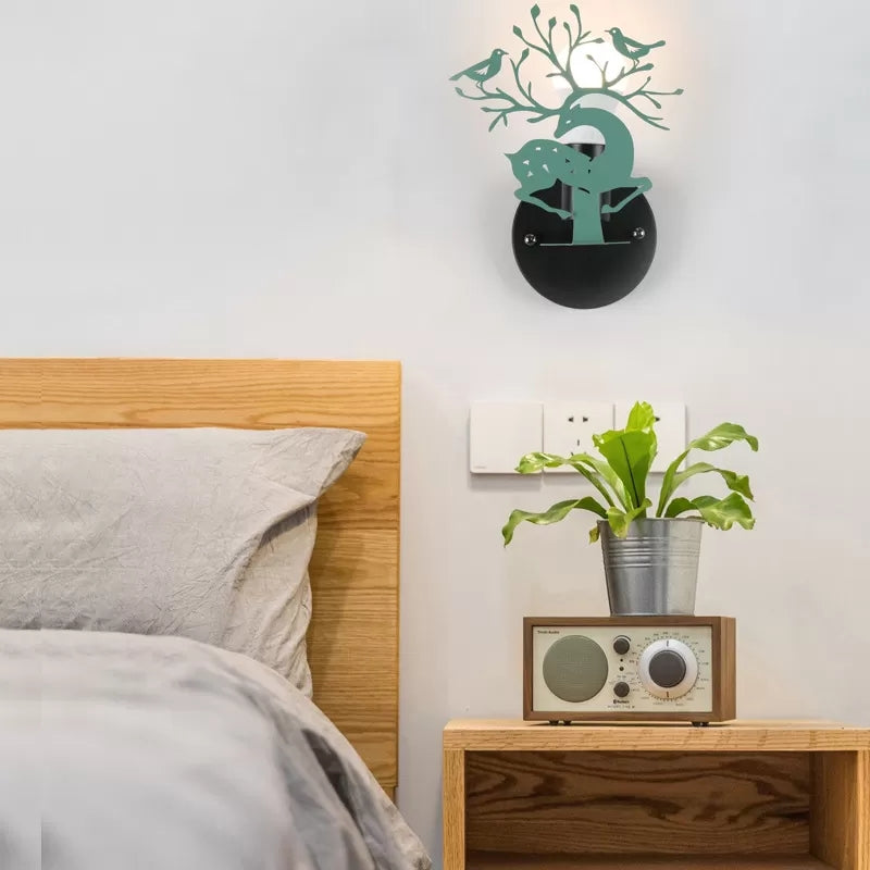 Sika Deer Wall Light with Bird Metal Accent - Ideal for Restaurant or Cafe, Kids' favorite!