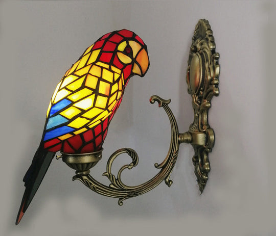 Rustic Loft Parrot Wall Sconce - Stained Glass Wall Lighting in Red/Blue for Bedroom