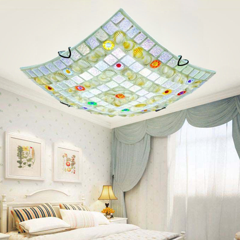 Tiffany Style Square Shell Flush Mount Ceiling Light with 3 Lights, White - Ideal for Kitchen (12"/16"/19.5" Wide)