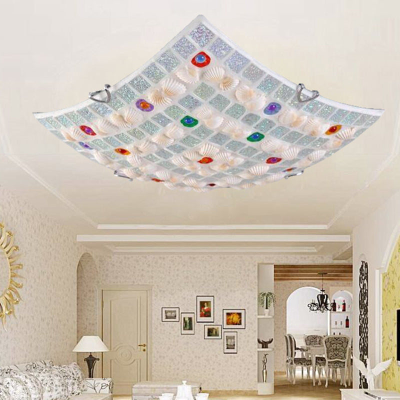 Tiffany Style Square Shell Flush Mount Ceiling Light with 3 Lights, White - Ideal for Kitchen (12"/16"/19.5" Wide)