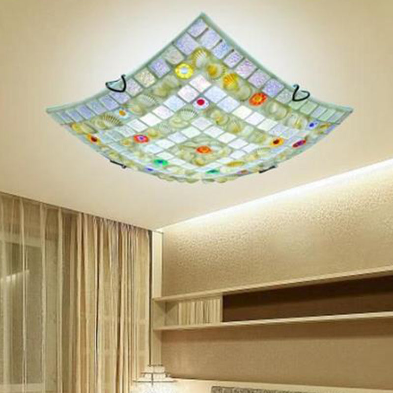 Tiffany Style Square Shell Flush Mount Ceiling Light with 3 Lights, White - Ideal for Kitchen (12"/16"/19.5" Wide)