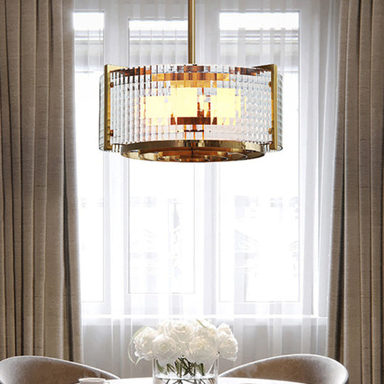 Modern Brass Drum Chandelier Lamp – Clear Lattice Glass Hanging Light for Kitchen, 3 Bulbs
