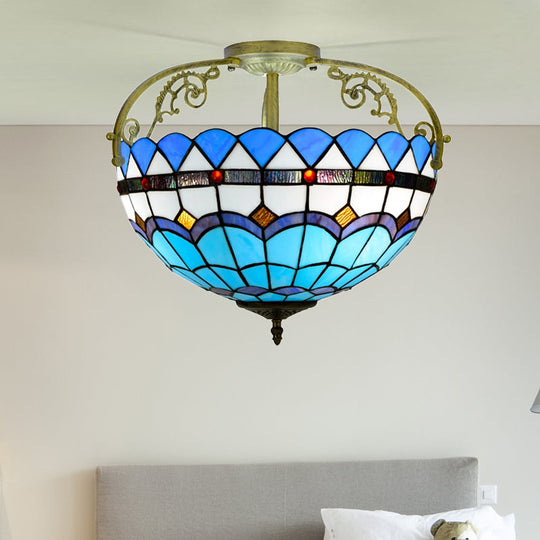 Tiffany Semi-Flush Kitchen Ceiling Light - 3-Light Fixture with Stained Glass Bowl Shade (Yellow/Brown/Blue)