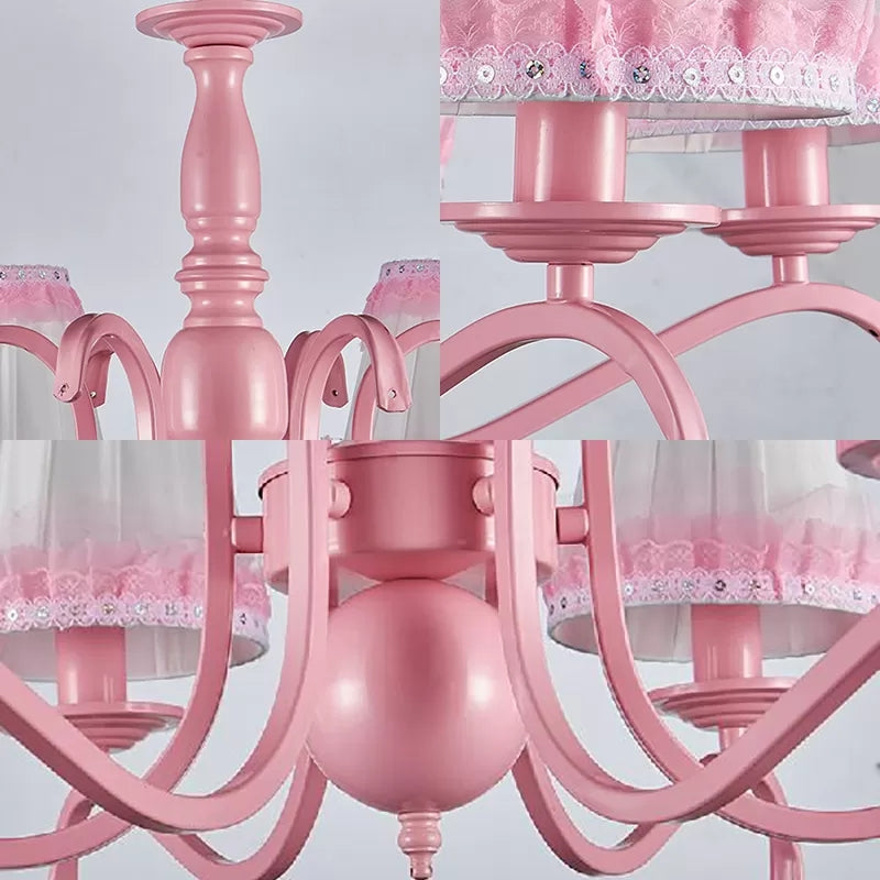 Pink Lace Metal Trapezoid Chandelier with Hanging Lamp for Kids' Restaurant