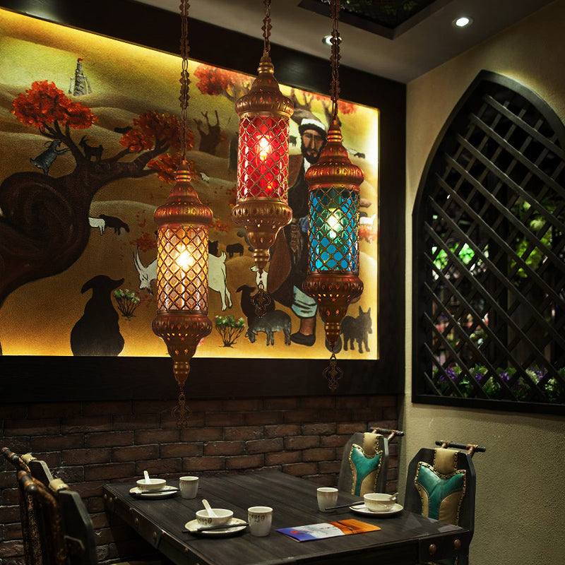 Colorful Glass Lantern Pendant Light for Restaurant - Traditional Design