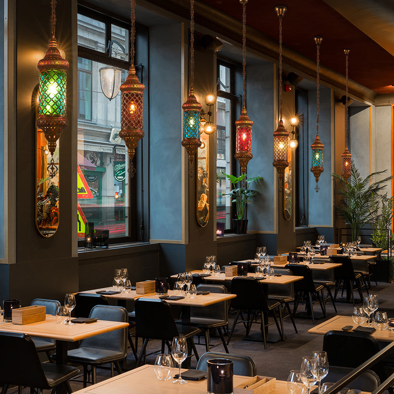 Colorful Glass Lantern Pendant Light for Restaurant - Traditional Design