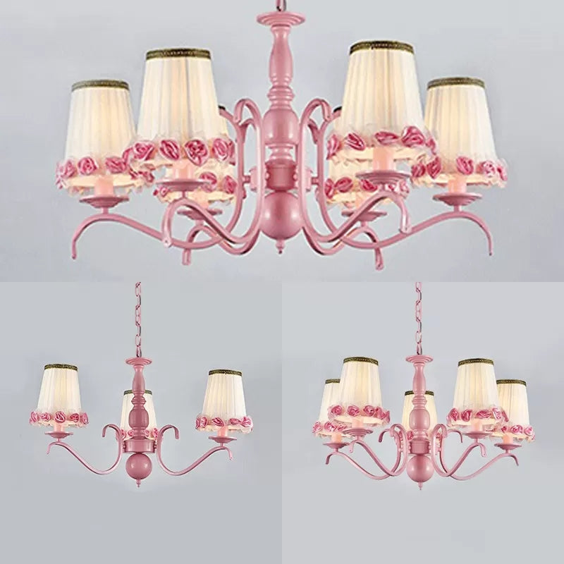 Pink Flower Chandelier: Fabric Tapered Shade Kids Hanging Light for Girls Bedroom