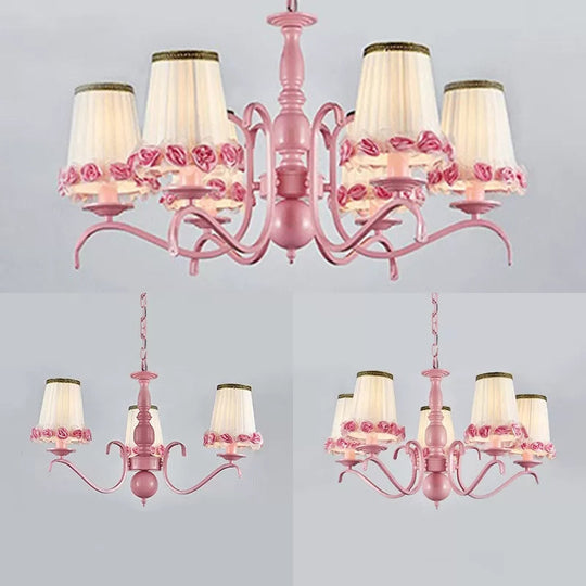 Pink Flower Chandelier: Fabric Tapered Shade Kids Hanging Light for Girls Bedroom