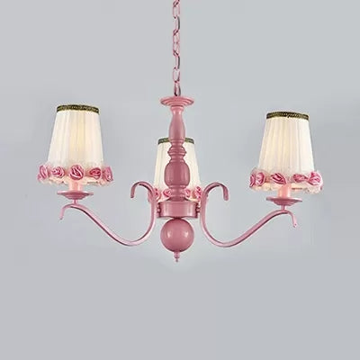 Pink Flower Chandelier: Fabric Tapered Shade Kids Hanging Light for Girls Bedroom