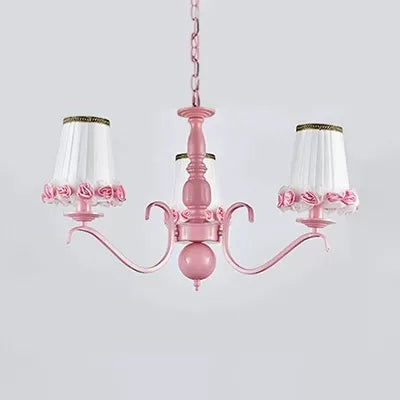 Pink Flower Chandelier: Fabric Tapered Shade Kids Hanging Light for Girls Bedroom