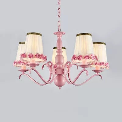 Pink Flower Chandelier: Fabric Tapered Shade Kids Hanging Light for Girls Bedroom