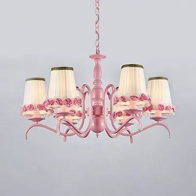 Pink Flower Chandelier: Fabric Tapered Shade Kids Hanging Light for Girls Bedroom
