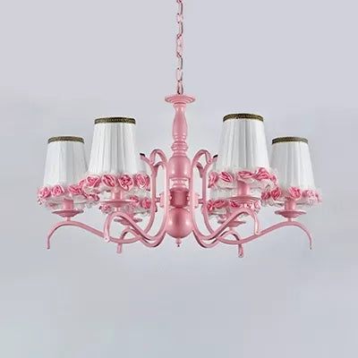 Pink Flower Chandelier: Fabric Tapered Shade Kids Hanging Light for Girls Bedroom