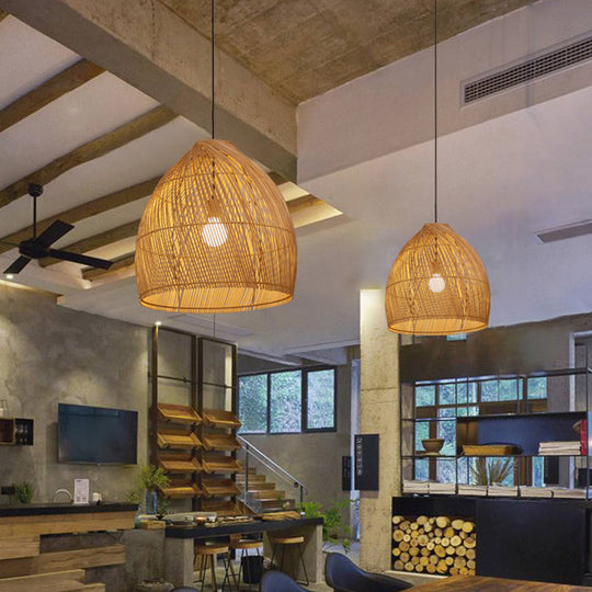 Asia Beige Dining Room Ceiling Lamp with Bamboo Shade - Hanging Pendant Light