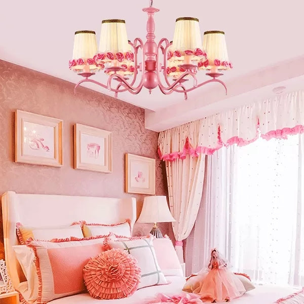 Pink Flower Chandelier: Fabric Tapered Shade Kids Hanging Light for Girls Bedroom