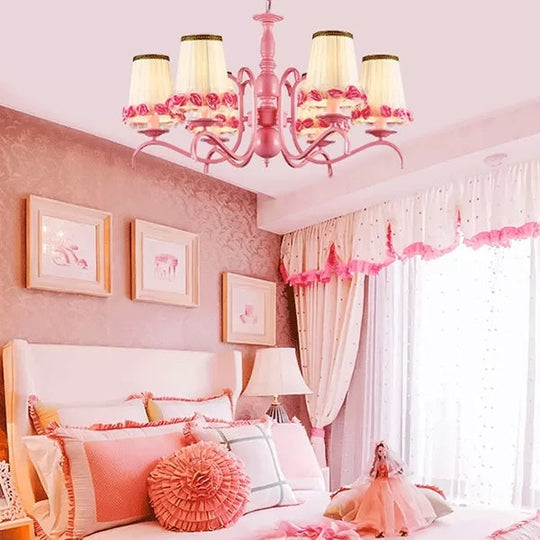 Pink Flower Chandelier: Fabric Tapered Shade Kids Hanging Light for Girls Bedroom
