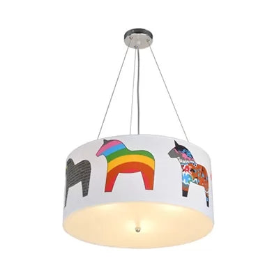 White Horse Fabric Chandelier: Animal Round Pendant for Kid Bedroom