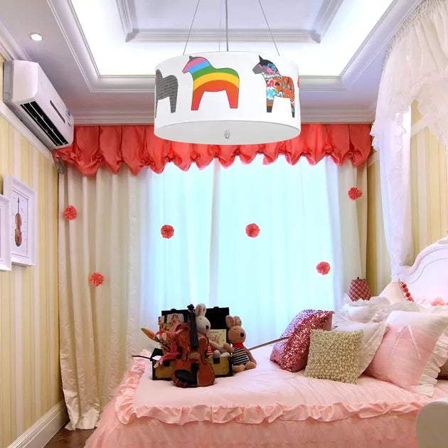 White Horse Fabric Chandelier: Animal Round Pendant for Kid Bedroom