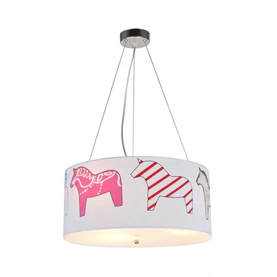 White Horse Fabric Chandelier: Animal Round Pendant for Kid Bedroom