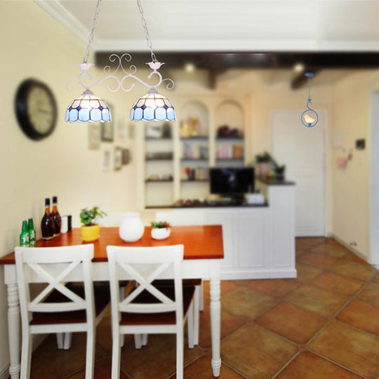 Stunning Tiffany-Style Island Pendant Light - Domed Stainless Glass, 2 Lights - Black/Blue/White - Ideal for Dining Room
