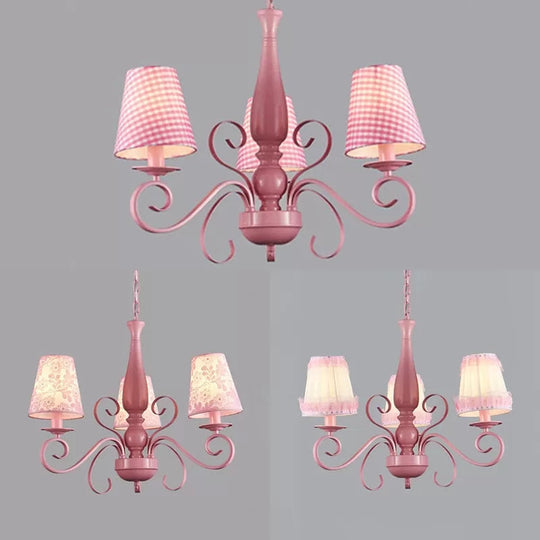 Kids Pink Chandelier: Girl Bedroom Metal Shade, Tapered, 3 Lights, Hanging Light