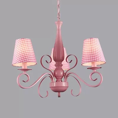 Kids Pink Chandelier: Girl Bedroom Metal Shade, Tapered, 3 Lights, Hanging Light