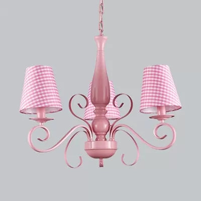 Kids Pink Chandelier: Girl Bedroom Metal Shade, Tapered, 3 Lights, Hanging Light