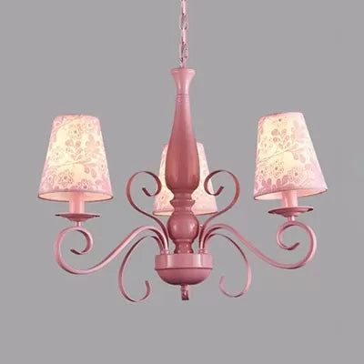 Kids Pink Chandelier: Girl Bedroom Metal Shade, Tapered, 3 Lights, Hanging Light