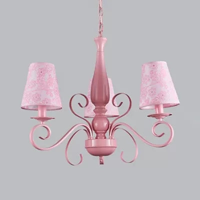 Kids Pink Chandelier: Girl Bedroom Metal Shade, Tapered, 3 Lights, Hanging Light