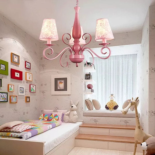 Kids Pink Chandelier: Girl Bedroom Metal Shade, Tapered, 3 Lights, Hanging Light
