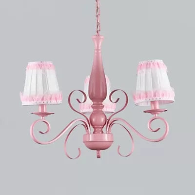 Kids Pink Chandelier: Girl Bedroom Metal Shade, Tapered, 3 Lights, Hanging Light