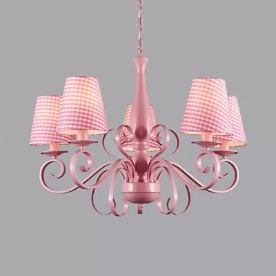 Kids Pink Tapered Shade Chandelier - 5 Light Metal Hanging Lamp for Living Room