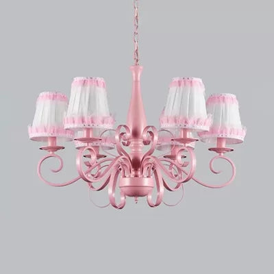 Modern Pink Fabric Chandelier with Tapered Shades - 6 Lights Pendant for Study Room