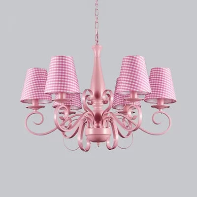 Modern Pink Fabric Chandelier with Tapered Shades - 6 Lights Pendant for Study Room