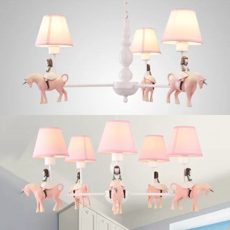 Girls Bedroom Carousel Chandelier - Pink Hanging Light with Fabric Shade