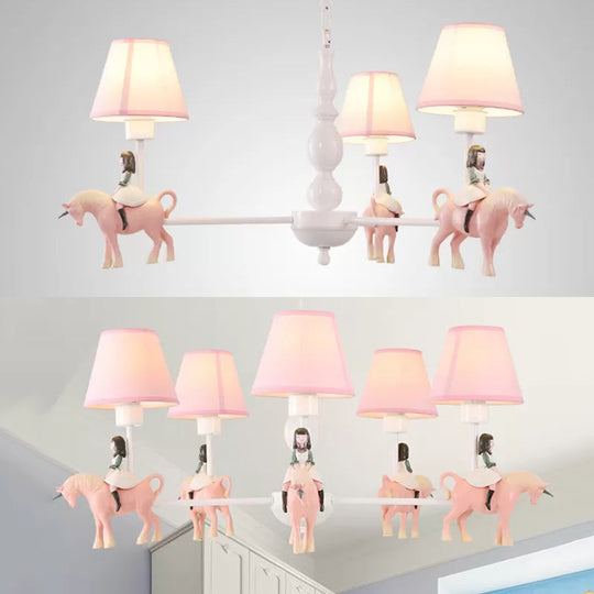 Girls Bedroom Carousel Chandelier - Pink Hanging Light with Fabric Shade