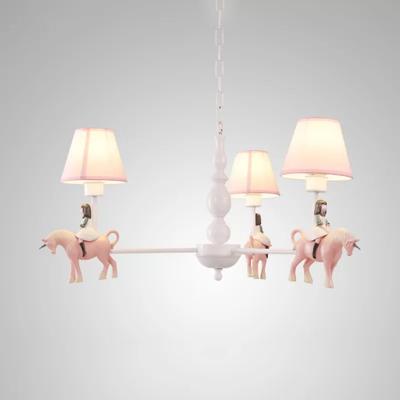 Girls Bedroom Carousel Chandelier - Pink Hanging Light with Fabric Shade