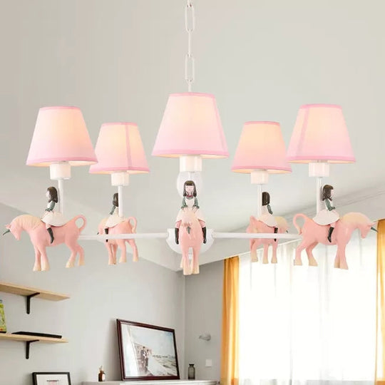Girls Bedroom Carousel Chandelier - Pink Hanging Light with Fabric Shade
