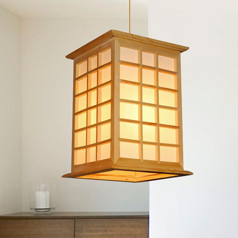 1-Head Asian Pendant Light - Beige House Suspended Fixture with Wood Shade
