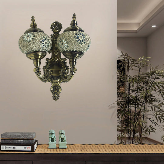 Stained Glass Ball Wall Sconce with Dual Head - Traditional Mount Light in White/Yellow/Sky Blue