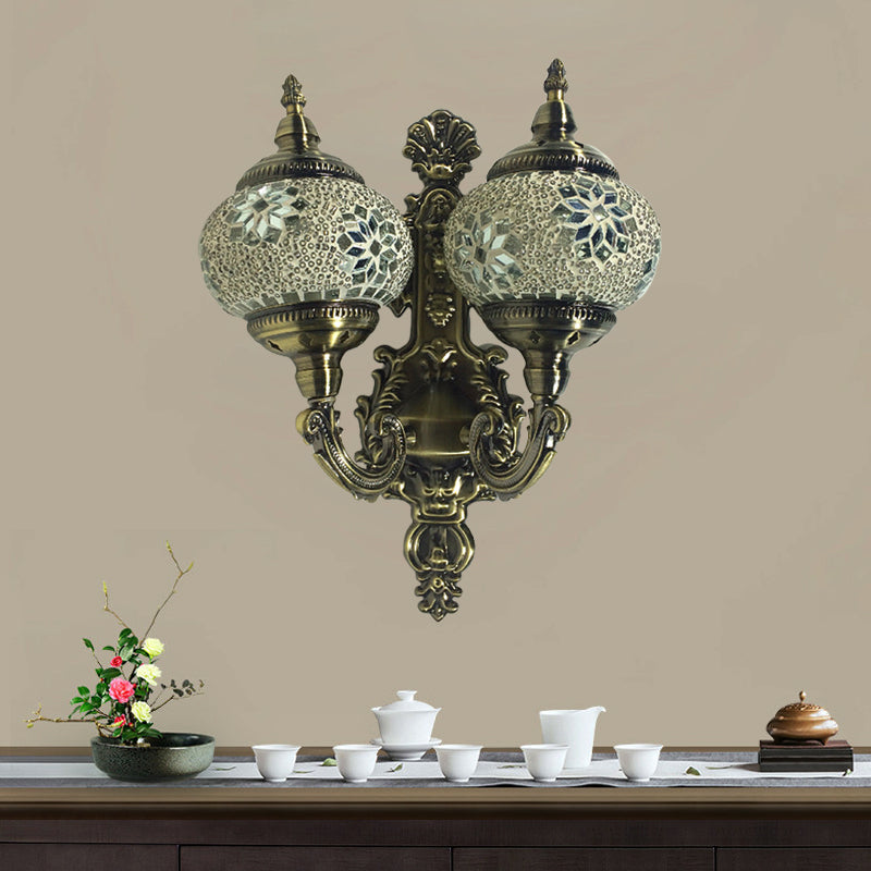 Stained Glass Ball Wall Sconce with Dual Head - Traditional Mount Light in White/Yellow/Sky Blue