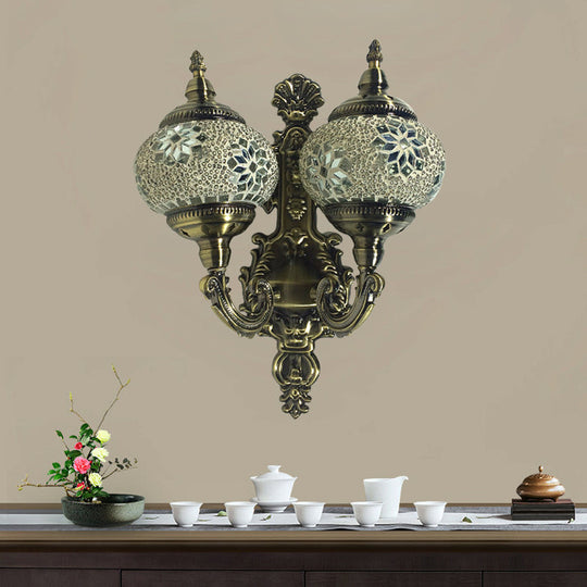 Stained Glass Ball Wall Sconce with Dual Head - Traditional Mount Light in White/Yellow/Sky Blue