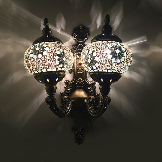 Stained Glass Ball Wall Sconce with Dual Head - Traditional Mount Light in White/Yellow/Sky Blue