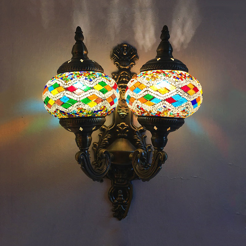 Stained Glass Ball Wall Sconce with Dual Head - Traditional Mount Light in White/Yellow/Sky Blue