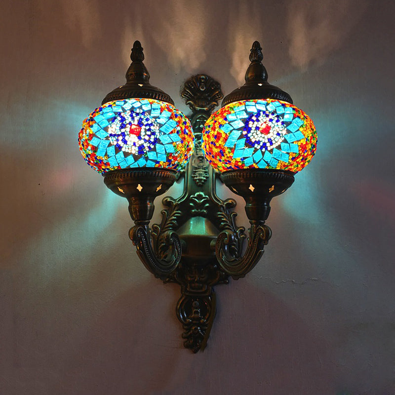 Stained Glass Ball Wall Sconce with Dual Head - Traditional Mount Light in White/Yellow/Sky Blue